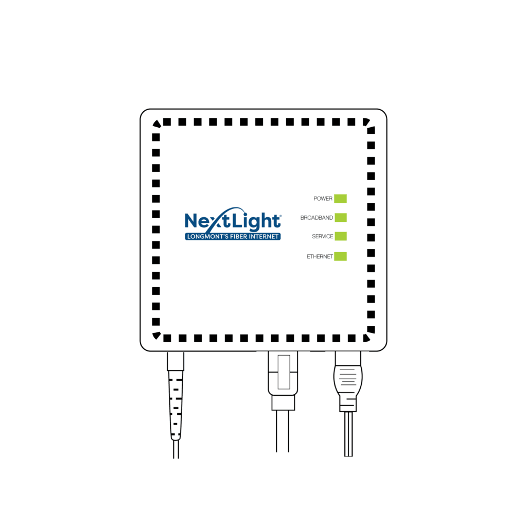NextLight 1101 ONT self install guide showing a fiber internet terminal with active LEDs, Ethernet, fiber, and power connections.