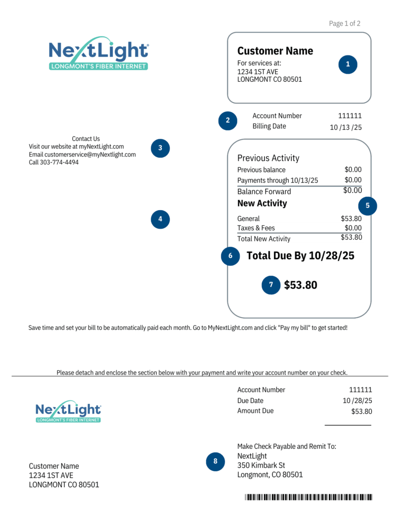 NextLight Longmont fiber internet billing statement sample with account 111111, $53.80 due 10/28/25.