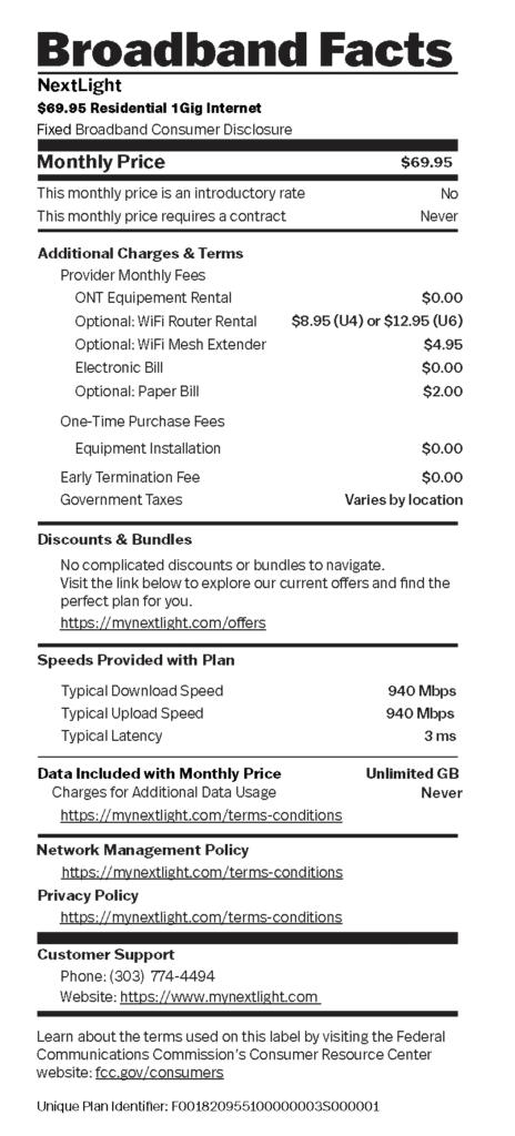 Internet Broadband Facts label with monthly price, fees, speeds, data limits, and contract terms.