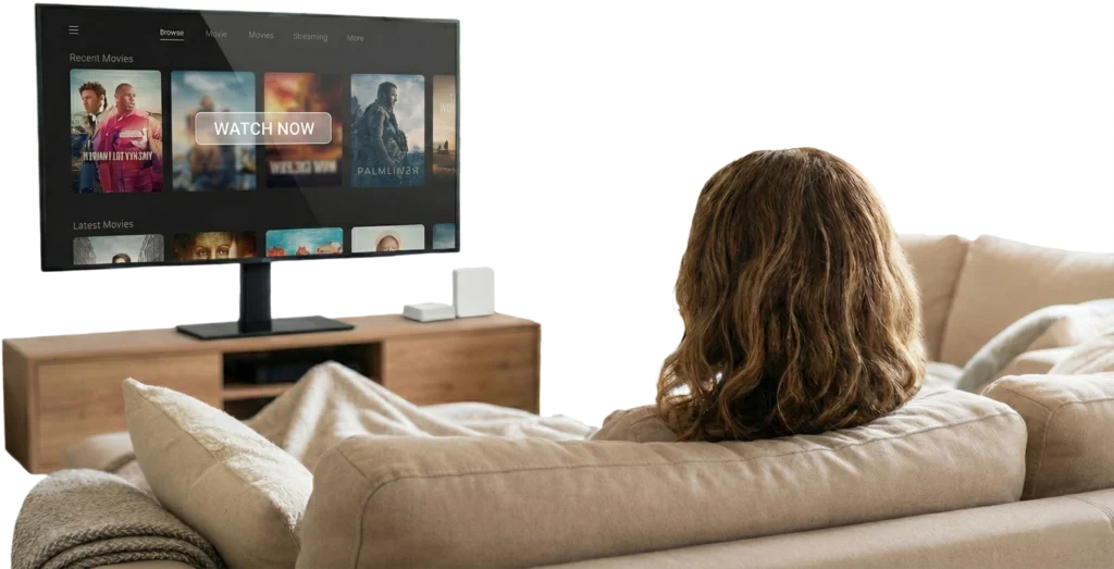 Cozy home entertainment scene, person streaming on flat-screen TV from beige sofa.