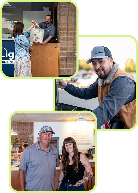 Longmont, Colorado small business collage: curbside pickup, friendly café staff, smiling local entrepreneur.